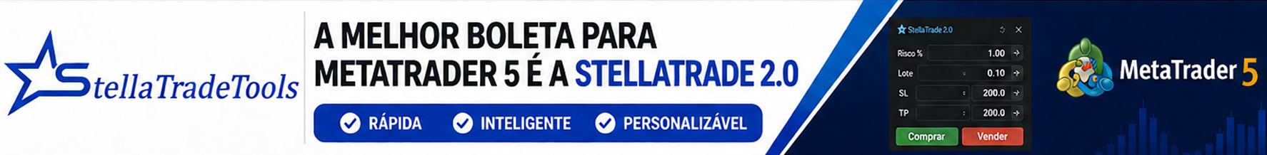 Teste grátis por 12 horas a Boleta StellaTrade 2.00 para MetaTrader 5 e descubra mais agilidade, praticidade e controle nas suas operações.
StellaTradeTools